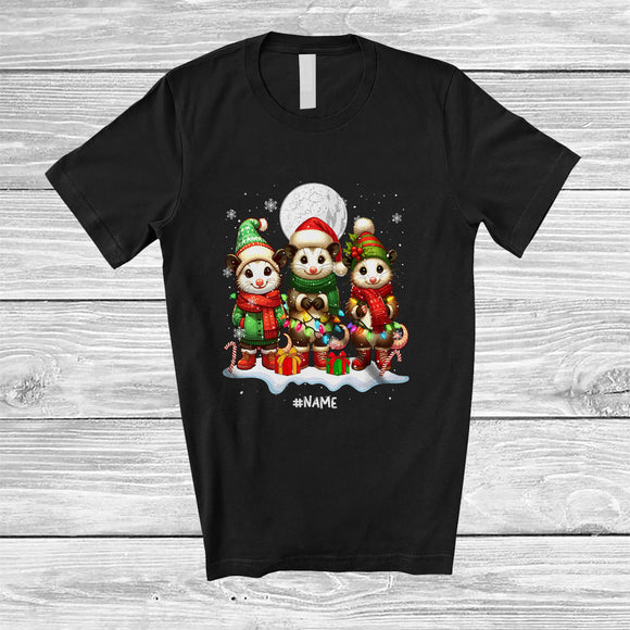 MacnyStore - Personalized Custom Name Three Santa Opossum; Adorable Christmas Lights Snowing Family T-Shirt