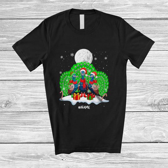 MacnyStore - Personalized Custom Name Three Santa Peacock; Adorable Christmas Lights Snowing Family T-Shirt