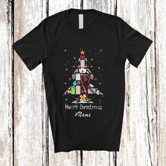 MacnyStore - Personalized Custom Name Merry Christmas; Lovely Nurse Equipment Tools X-mas Tree T-Shirt