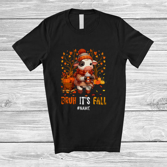 MacnyStore - Personalized Custom Name Bruh It's Fall; Amazing Thanksgiving Tree Cow Drink Coffee Pumpkin T-Shirt