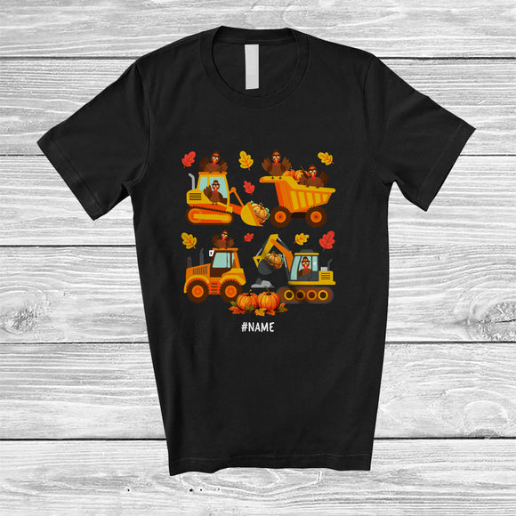 MacnyStore - Personalized Custom Name Turkeys Construction Trucks; Amazing Thanksgiving Fall Boys Driver T-Shirt