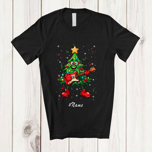 MacnyStore - Personalized Custom Name Christmas Tree Playing Rock Guitar; Joyful Music Guitarist T-Shirt