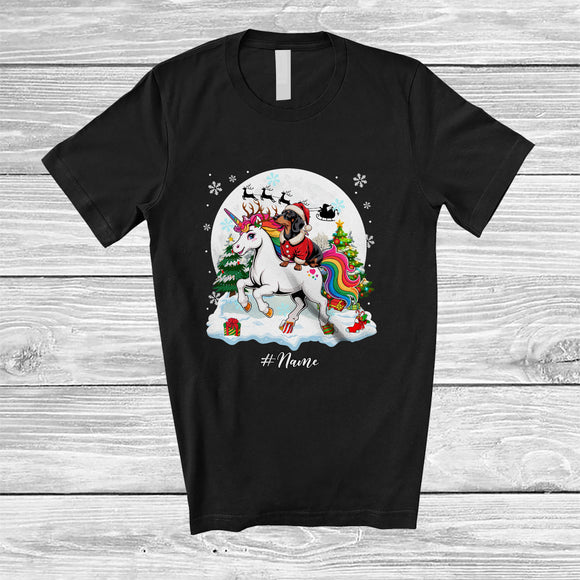 MacnyStore - Personalized Custom Name Dachshund Riding Unicorn; Merry Christmas Moon Snow Animal T-Shirt