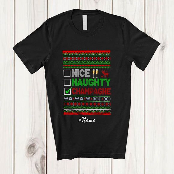 MacnyStore - Personalized Custom Name Nice Naughty Champagne; Amusing Christmas Sweater Drinking T-Shirt