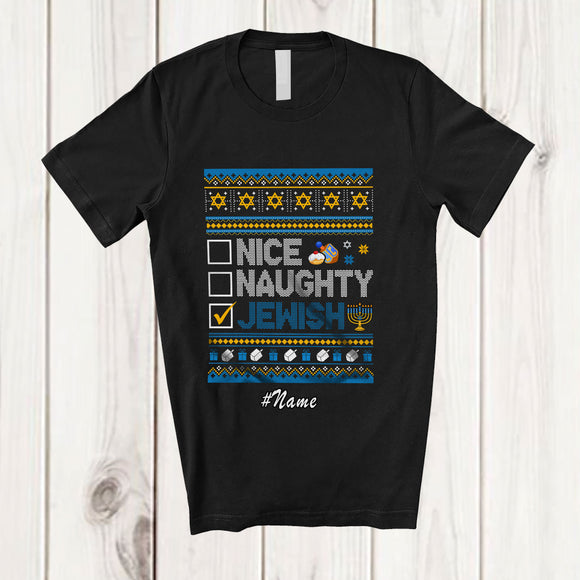 MacnyStore - Personalized Custom Name Nice Naughty Jewish; Amusing Hanukkah Lights Chanukah Sweater T-Shirt