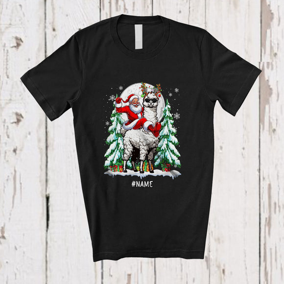 MacnyStore - Personalized Custom Name Santa Riding Llama Sunglasses; Cheerful Christmas Tree Wild Animal T-Shirt