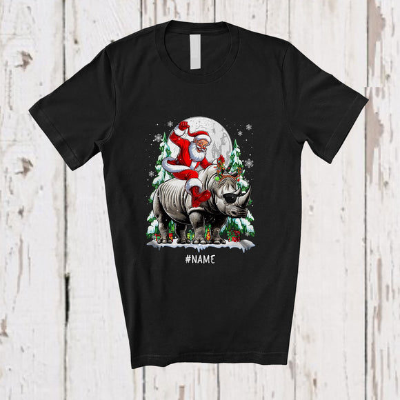 MacnyStore - Personalized Custom Name Santa Riding Rhinoceros Sunglasses; Cheerful Christmas Tree Wild Animal T-Shirt