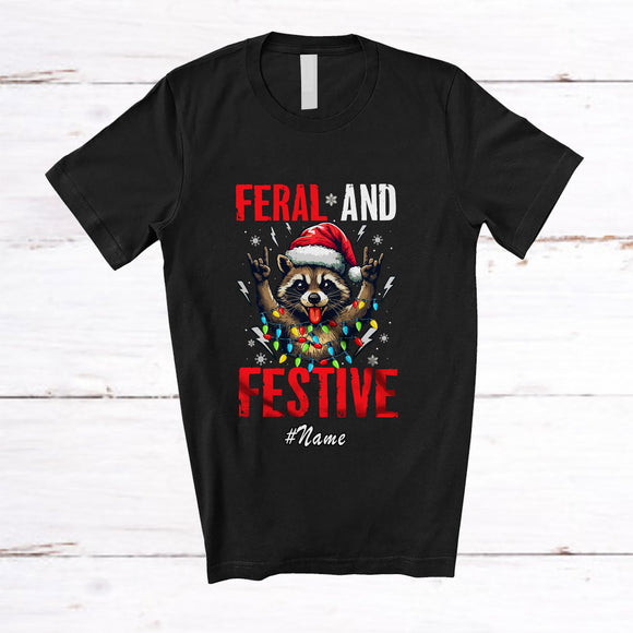 MacnyStore - Personalized Custom Name Feral And Festive; Humorous Christmas Santa Raccoon Trash Animal T-Shirt