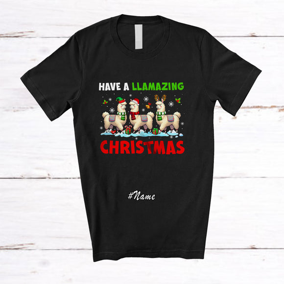MacnyStore - Personalized Custom Name Have A Llamazing Christmas; Amazing Three Santa Elf Llama Farmer T-Shirt