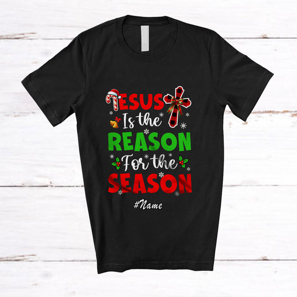 MacnyStore - Personalized Custom Name Jesus Reason For The Season; Merry Christmas Plaid Cross Family T-Shirt