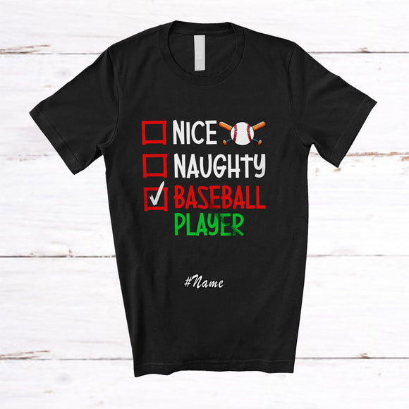 MacnyStore - Personalized Custom Name Nice Naughty Baseball Player; Humorous Christmas Playing Sport T-Shirt
