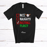 MacnyStore - Personalized Custom Name Nice Naughty Baseball Player; Humorous Christmas Playing Sport T-Shirt