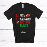 MacnyStore - Personalized Custom Name Nice Naughty Football Player; Humorous Christmas Playing Sport T-Shirt