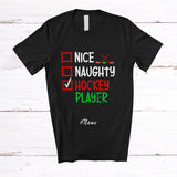 MacnyStore - Personalized Custom Name Nice Naughty Hockey Player; Humorous Christmas Playing Sport T-Shirt