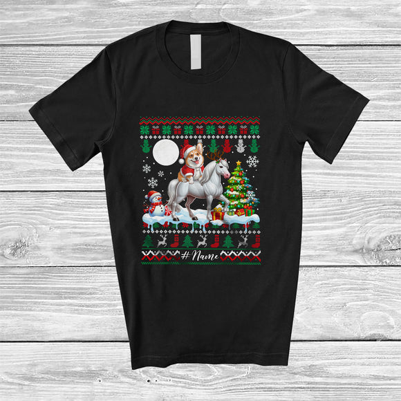 MacnyStore - Personalized Custom Name Santa Corgi Riding Horse; Merry Christmas Sweater Moon Animal T-Shirt