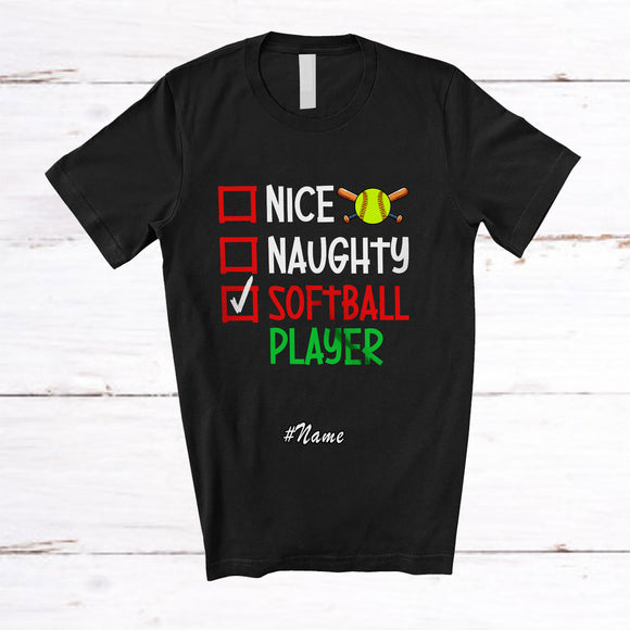 MacnyStore - Personalized Custom Name Nice Naughty Softball Player; Humorous Christmas Playing Sport T-Shirt