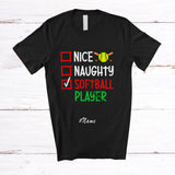 MacnyStore - Personalized Custom Name Nice Naughty Softball Player; Humorous Christmas Playing Sport T-Shirt