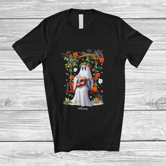 MacnyStore - Personalized Custom Name Ghost On Swing Playing Guitar; Lovely Halloween Boo Floral; Family T-Shirt