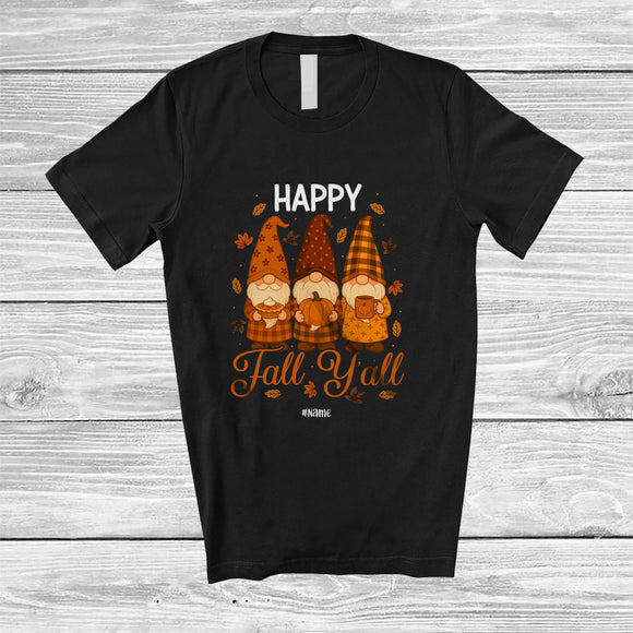 MacnyStore - Personalized Custom Name Happy Fall Y'all; Amazing Thanksgiving Three Plaid Gnomes T-Shirt