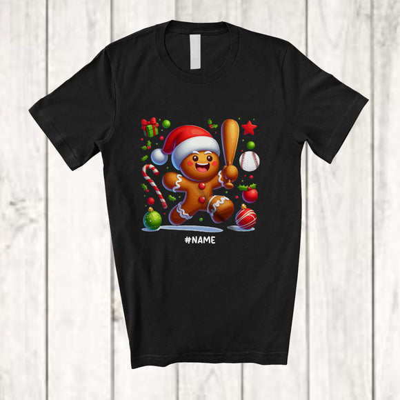 MacnyStore - Personalized Santa Gingerbread Playing Baseball; Amusing Christmas Baker; Custom Name Player T-Shirt