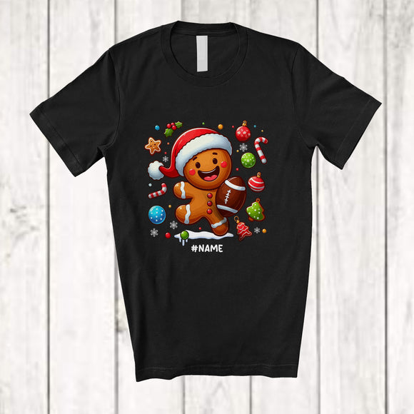 MacnyStore - Personalized Santa Gingerbread Playing Football; Amusing Christmas Baker; Custom Name Player T-Shirt