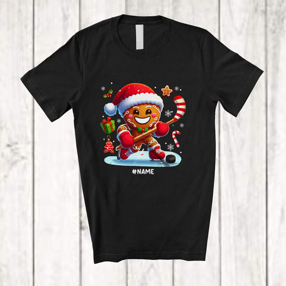 MacnyStore - Personalized Santa Gingerbread Playing Hockey; Amusing Christmas Baker; Custom Name Player T-Shirt