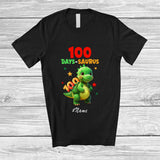 MacnyStore - Personalized Custom Name 100 Days-Saurus; Adorable 100th Day Of School Riding T-Rex Dinosaur T-Shirt
