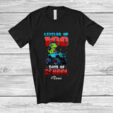 MacnyStore - Personalized Custom Name Leveled Up 100 Days Of School; Joyful T-Rex On Monster Truck Gamer T-Shirt