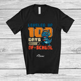MacnyStore - Personalized Custom Name Vintage Leveled Up 100 Days Of School; Joyful Dinosaur Gaming T-Rex Gamer T-Shirt