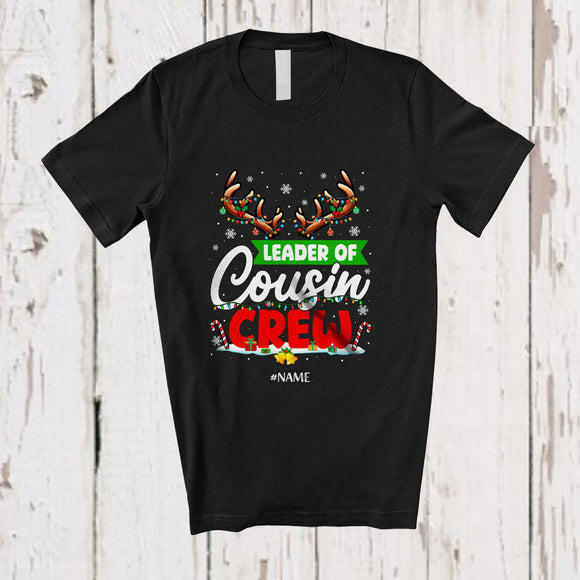 MacnyStore - Personalized Custom Name Leader Of Cousin Crew; Merry Christmas Lights Reindeer; Family T-Shirt