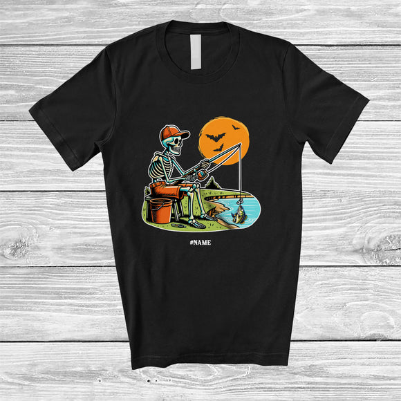 MacnyStore - Personalized Custom Name Skeleton Fishing; Joyful Halloween Outdoor Activities; Men Family T-Shirt