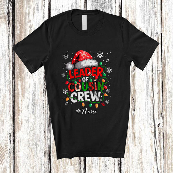 MacnyStore - Personalized Custom Name Leader Of Cousin Crew; Merry Christmas Lights Plaid Santa; Family T-Shirt