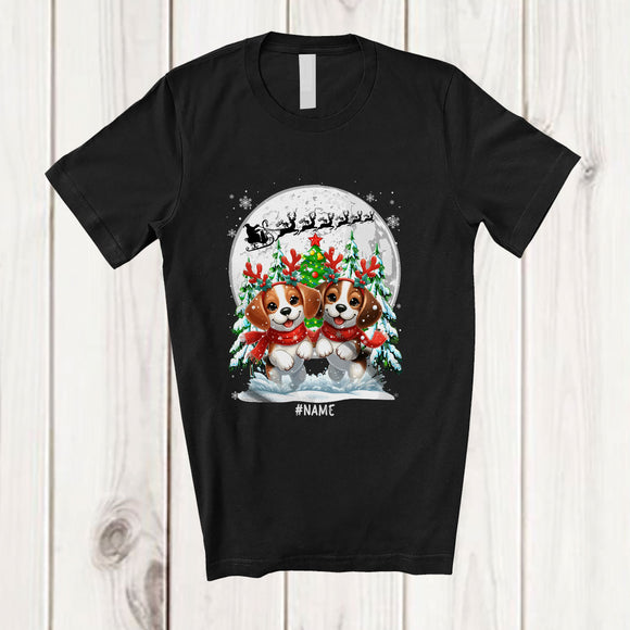 MacnyStore - Personalized Custom Name Two Beagles Reindeer Running; Lovely Christmas Moon Tree Family T-Shirt