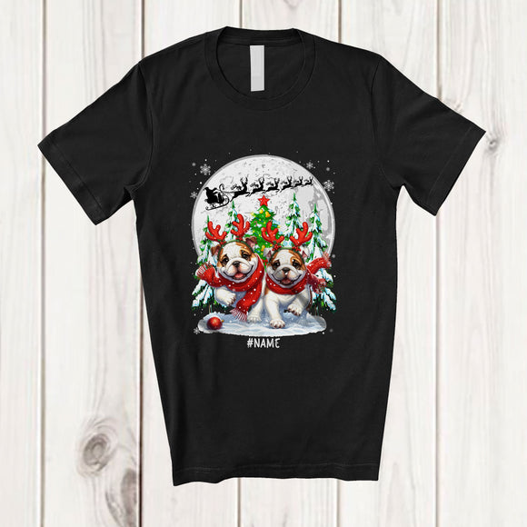 MacnyStore - Personalized Custom Name Two Bulldogs Reindeer Running; Lovely Christmas Moon Tree Family T-Shirt
