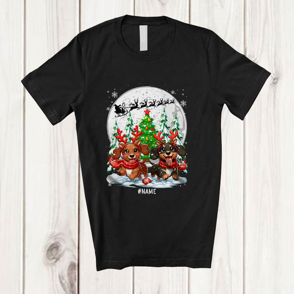 MacnyStore - Personalized Custom Name Two Dachshunds Reindeer Running; Lovely Christmas Moon Tree Family T-Shirt