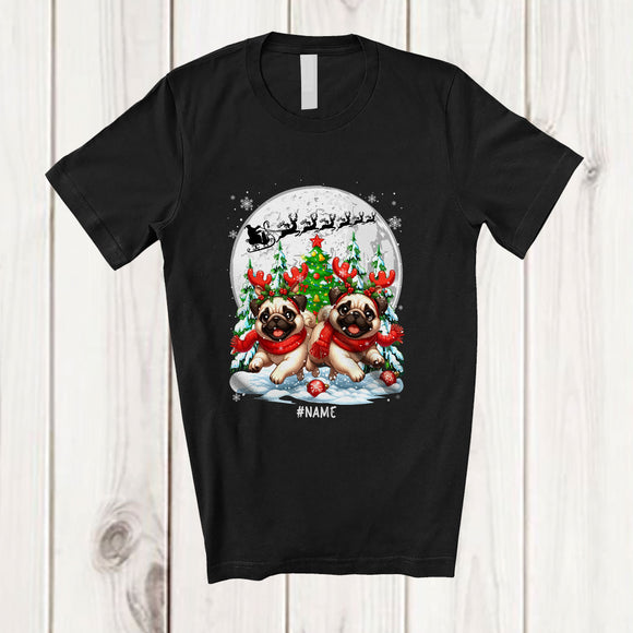 MacnyStore - Personalized Custom Name Two Pugs Reindeer Running; Lovely Christmas Moon Tree Family T-Shirt