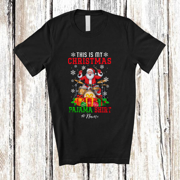 MacnyStore - Personalized Custom Name My Christmas Pajama Shirt; Joyful Santa Drum Player Musician T-Shirt