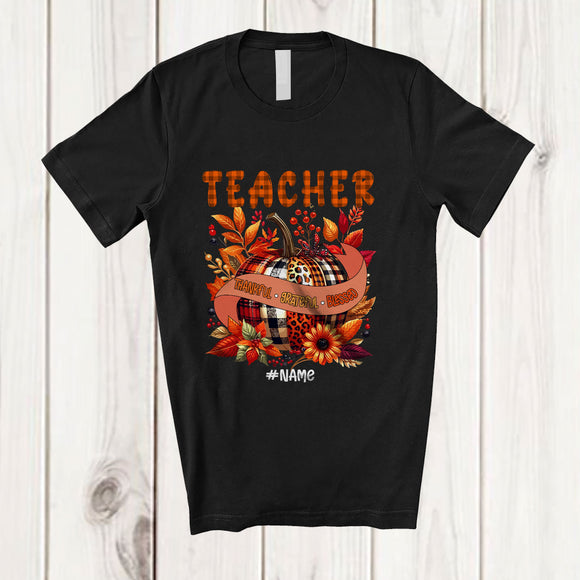 MacnyStore - Personalized Custom Name Teacher; Lovely Thanksgiving Leopard Plaid Pumpkin; Proud Jobs T-Shirt