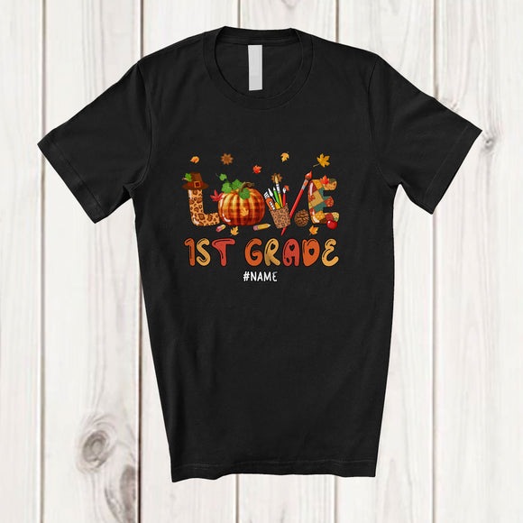 MacnyStore - Personalized LOVE 1st Grade; Joyful Thanksgiving Plaid Pumpkin; Custom Name Students Teacher T-Shirt
