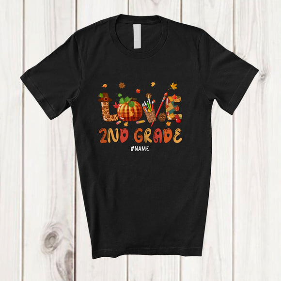 MacnyStore - Personalized LOVE 2nd Grade; Joyful Thanksgiving Plaid Pumpkin; Custom Name Students Teacher T-Shirt
