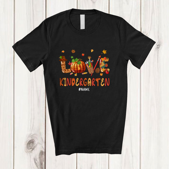 MacnyStore - Personalized LOVE Kindergarten; Joyful Thanksgiving Plaid Pumpkin; Custom Name Students Teacher T-Shirt