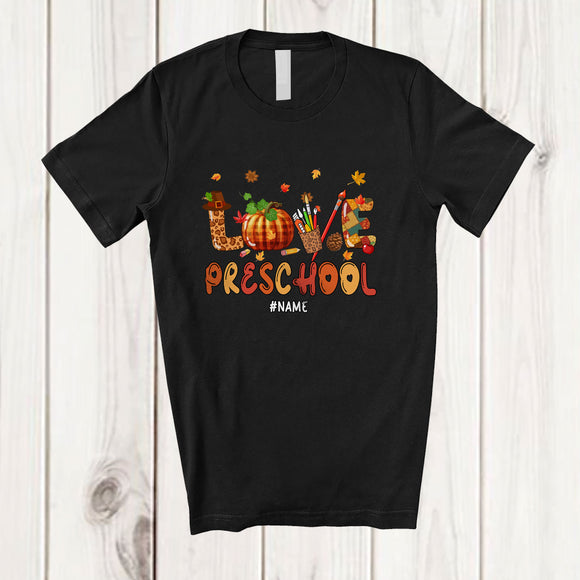 MacnyStore - Personalized LOVE Preschool; Joyful Thanksgiving Plaid Pumpkin; Custom Name Students Teacher T-Shirt