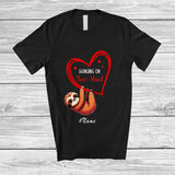 MacnyStore - Personalized Custom Name Hanging On Your Heart; Lovely Valentine Sloth Hanging On Heart Couple T-Shirt