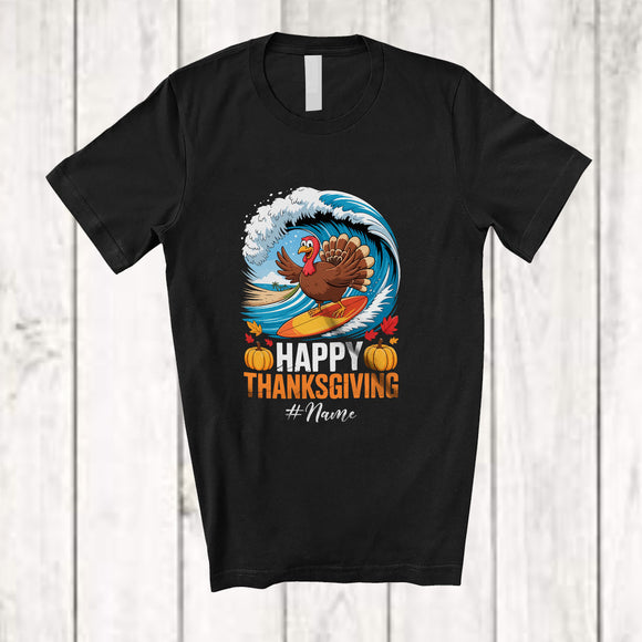 MacnyStore - Personalized Custom Name Happy Thanksgiving; Joyful Turkey Surfing Surfer; Fall Autumn Family T-Shirt