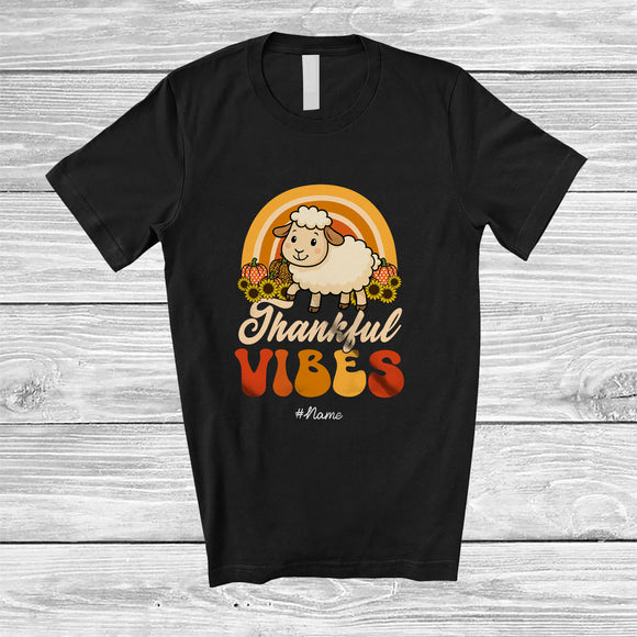 MacnyStore - Personalized Custom Name Thankful Vibes; Lovely Thanksgiving Sheep Rainbow; Farmer Family T-Shirt