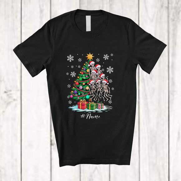 MacnyStore - Personalized Custom Name Scary Skeleton Christmas Tree; Humorous X-mas Lights Santa Skeleton T-Shirt