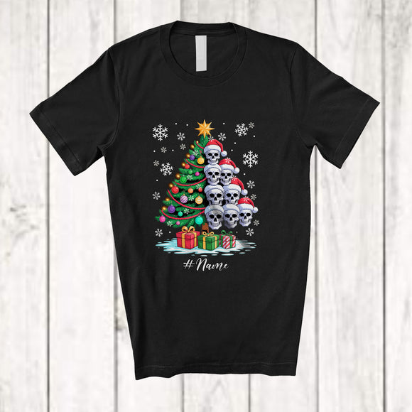 MacnyStore - Personalized Custom Name Scary Skull Christmas Tree; Humorous X-mas Lights Santa Skull T-Shirt