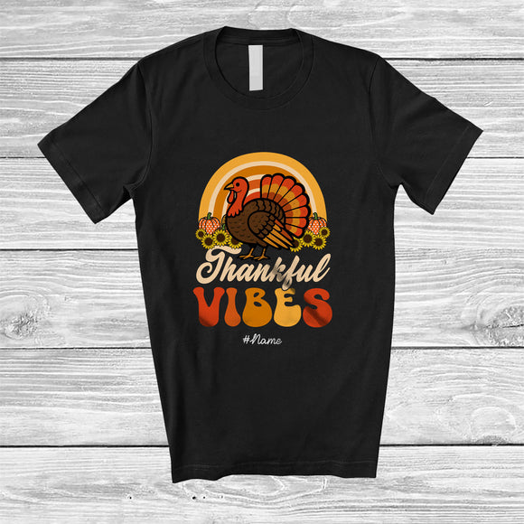 MacnyStore - Personalized Custom Name Thankful Vibes; Lovely Thanksgiving Turkey Rainbow; Women Family T-Shirt