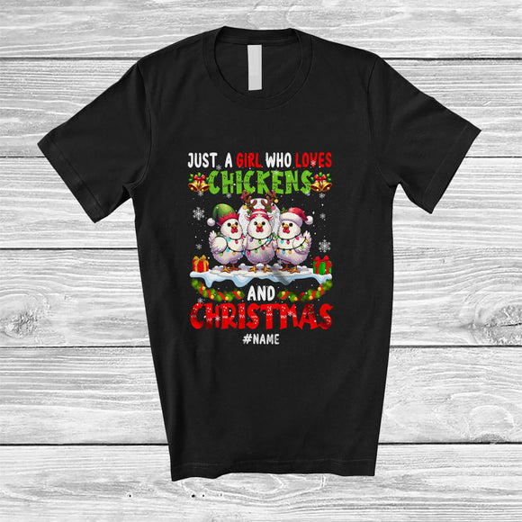 MacnyStore - Personalized Custom Name Girl Who Loves Chickens Christmas; Lovely Lights Three Chicken Farmer T-Shirt