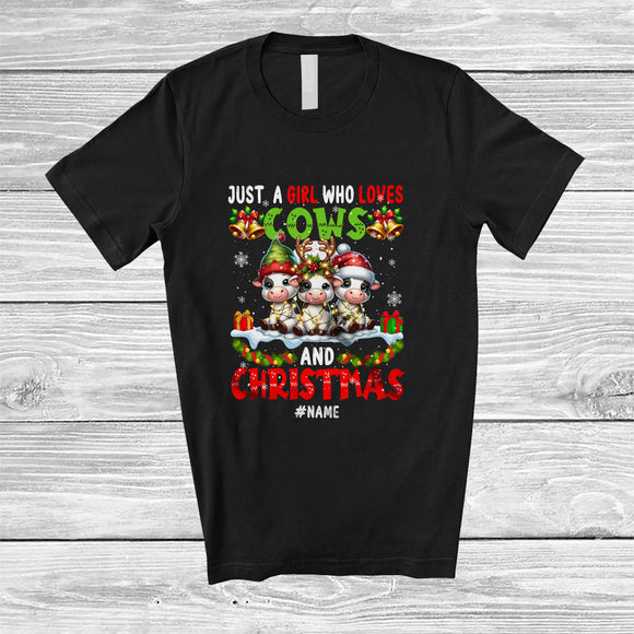 MacnyStore - Personalized Custom Name Girl Who Loves Cows Christmas; Lovely Lights Three Cow Farmer T-Shirt